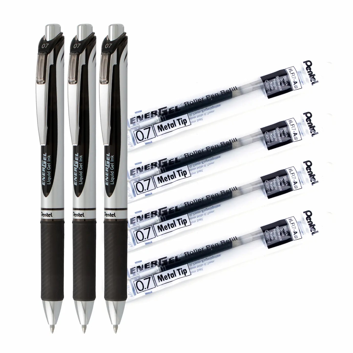 Energel Retractable Black Pen 0.7mm and Refill Set - 3PC Pens and 4 Refill Ink