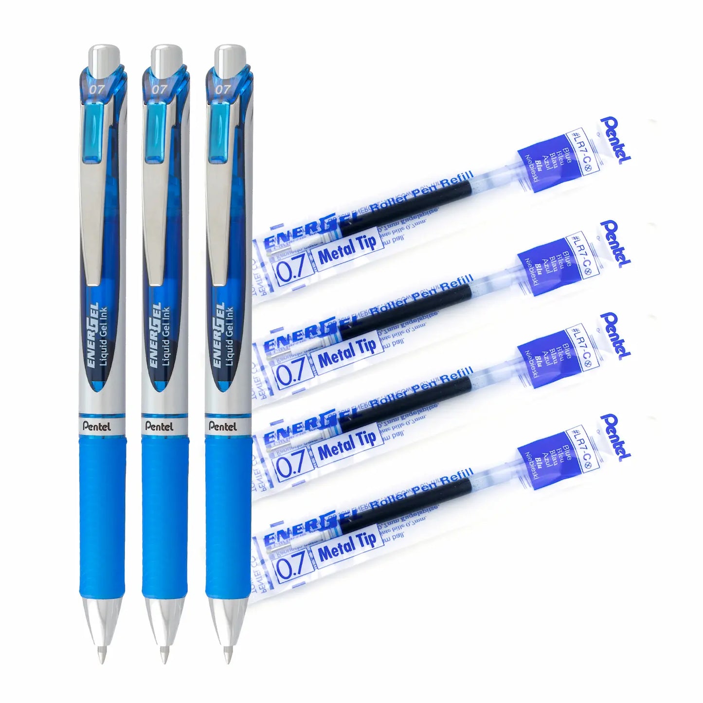 Energel Retractable Blue Pen 0.7mm and Refill Set - 3PC Pens and 4 Refill Ink
