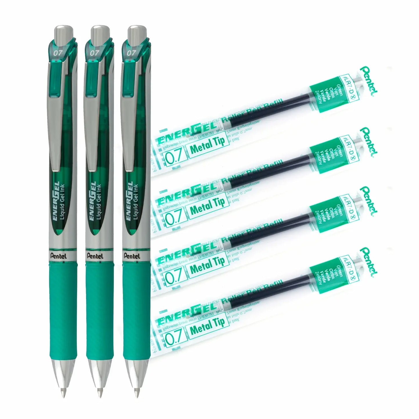 Energel Retractable Green Pen 0.7mm and Refill Set - 3PC Pens and 4 Refill Ink