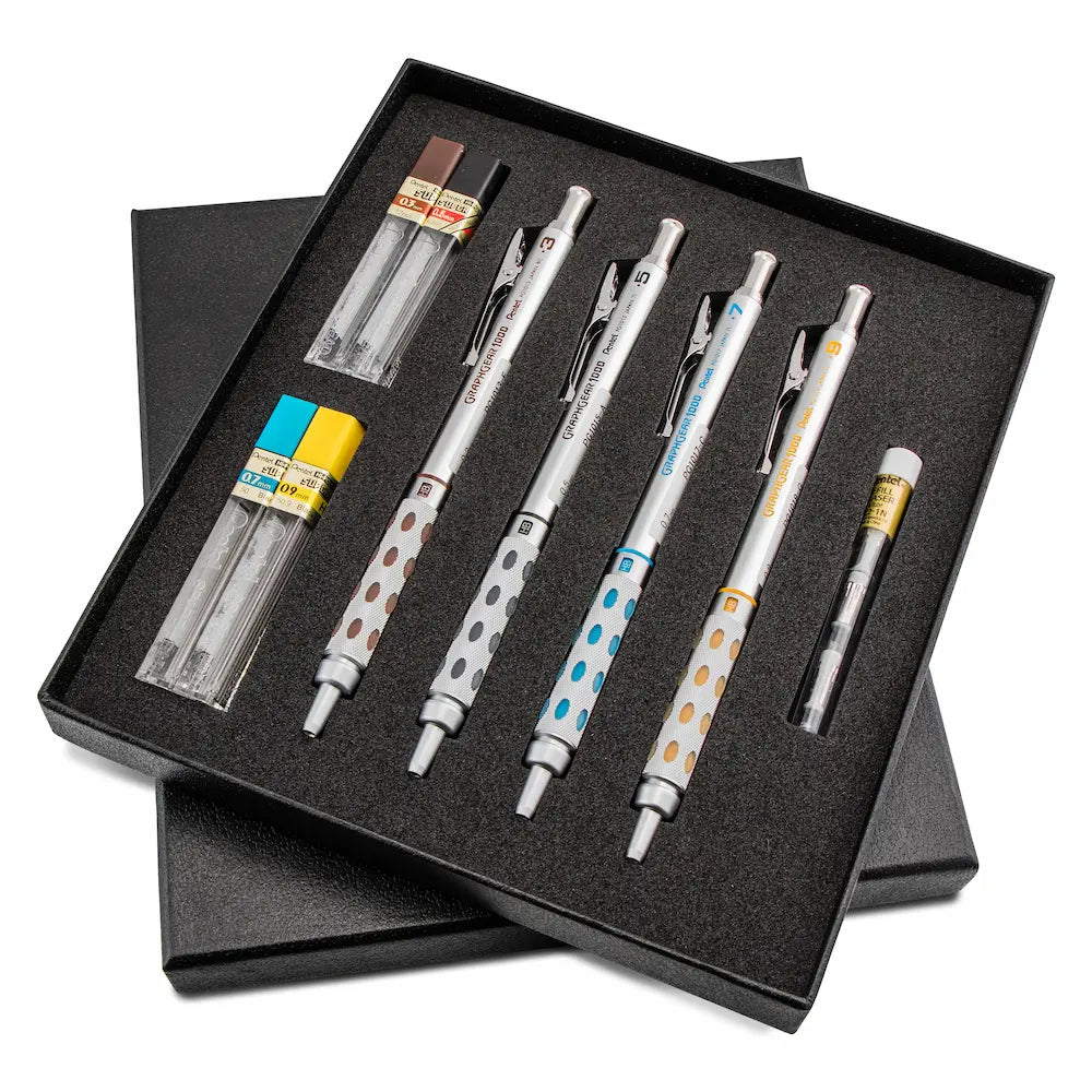 Pentel Arts GraphGear 1000 Premium Mechanical Drafting Pencil Set - 0.3mm, 0.5mm, 0.7mm, 0.9mm, 4 Asstorted Leads, Refill Erasers, Assorted Gift Box Set