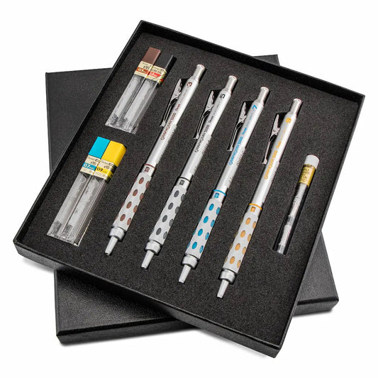 Pentel Arts GraphGear 1000 Premium Mechanical Drafting Pencil Set - 0.3mm, 0.5mm, 0.7mm, 0.9mm, 4 Asstorted Leads, Refill Erasers, Assorted Gift Box Set