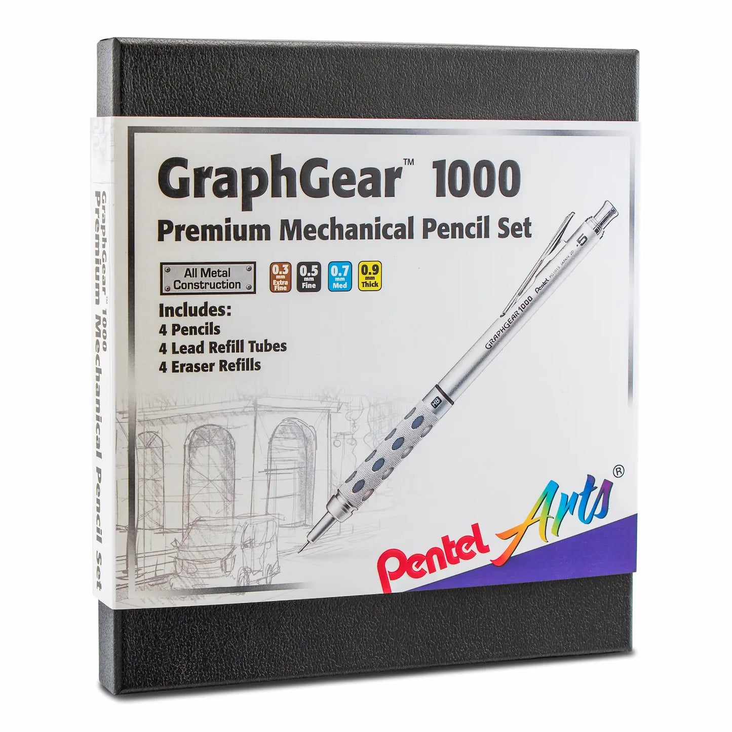 Pentel Arts GraphGear 1000 Premium Mechanical Drafting Pencil Set - 0.3mm, 0.5mm, 0.7mm, 0.9mm, 4 Asstorted Leads, Refill Erasers, Assorted Gift Box Set