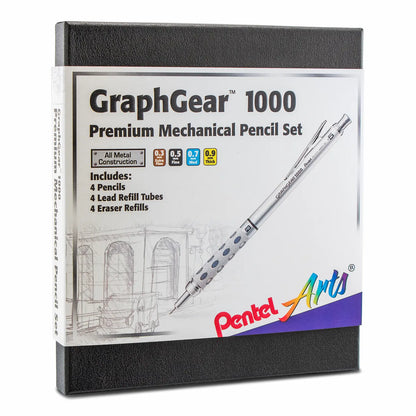Pentel Arts GraphGear 1000 Premium Mechanical Drafting Pencil Set - 0.3mm, 0.5mm, 0.7mm, 0.9mm, 4 Asstorted Leads, Refill Erasers, Assorted Gift Box Set