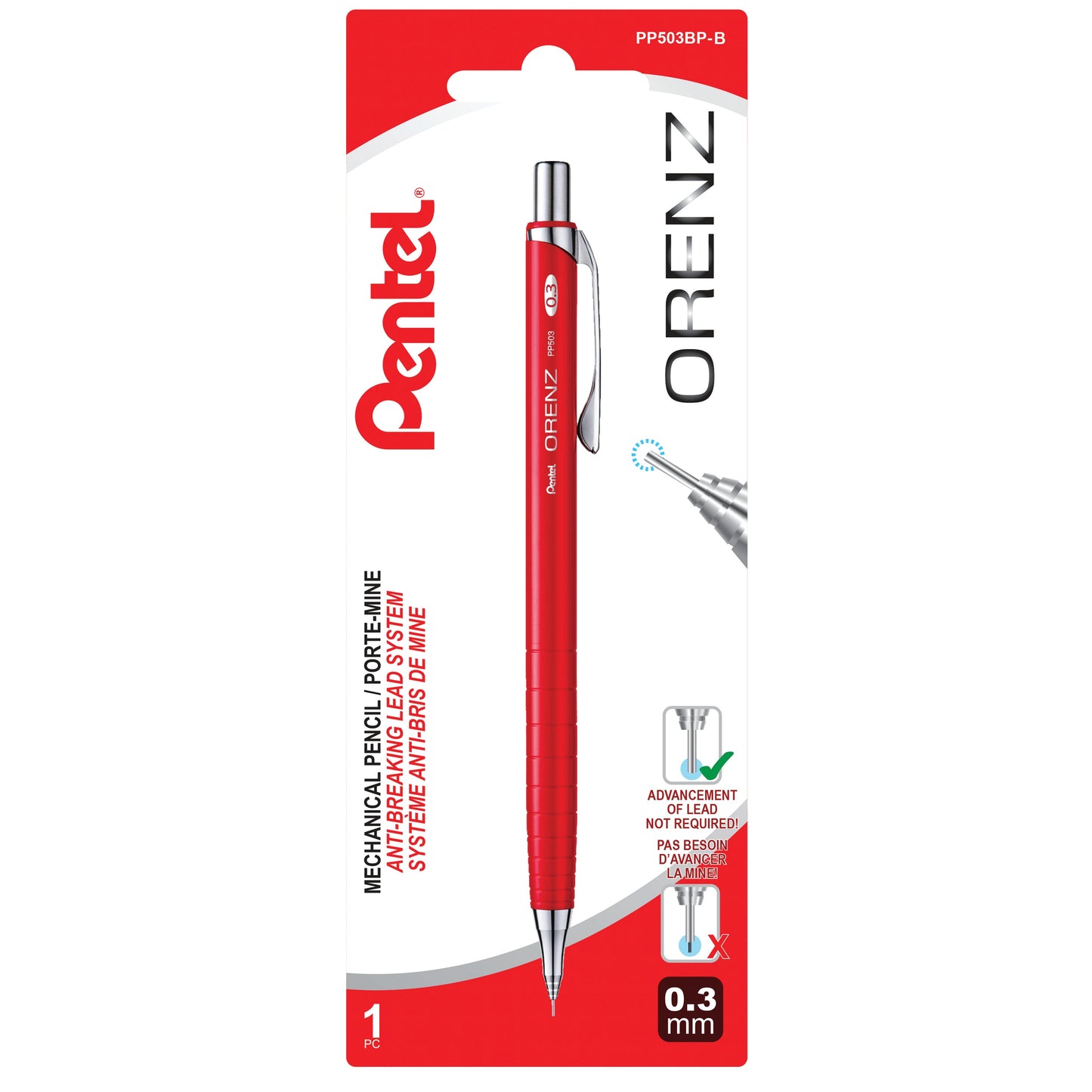 Orenz Retractable Mechanical Pencil with Sliding Sleeve 0.3mm Red Barrel