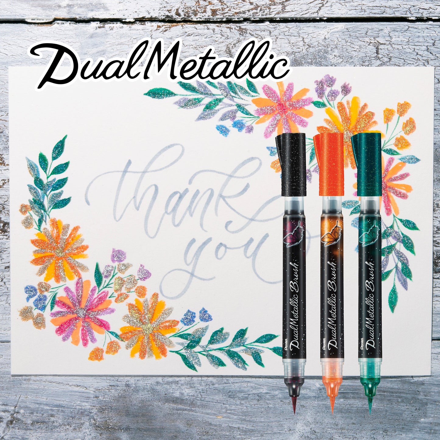 Pentel Dual Metallic Brush Pen Set 1 – 3 Colors (Black, Green, Orange) Pentel Stationery of Canada