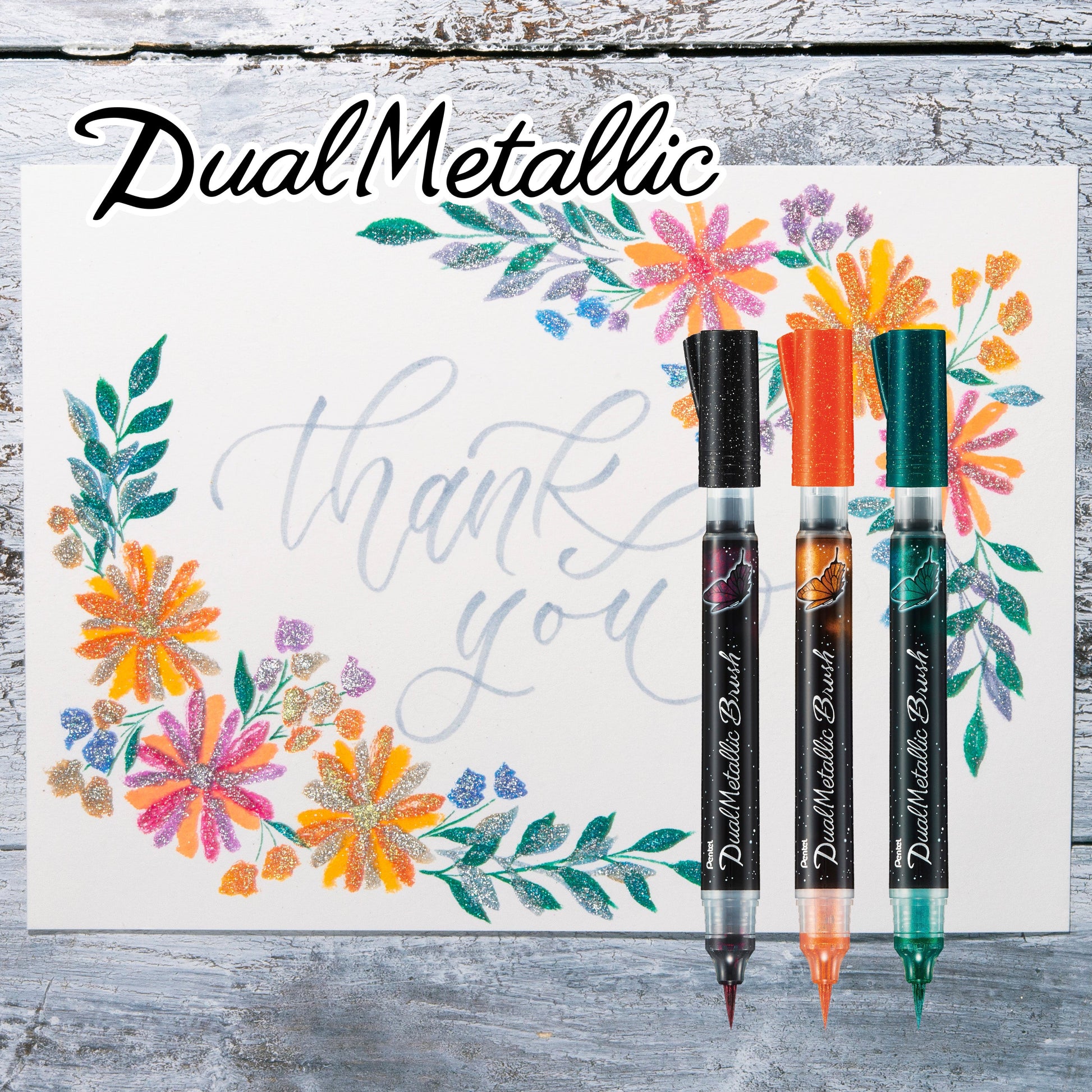 Pentel Dual Metallic Brush Pen Set 1 – 3 Colors (Black, Green, Orange) Pentel Stationery of Canada