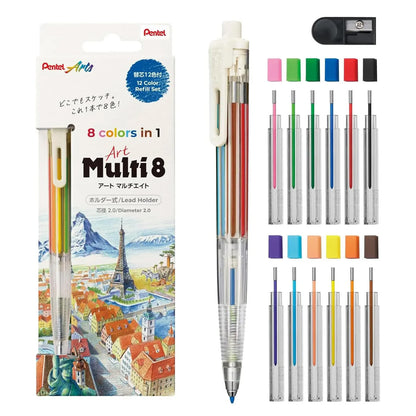 Art Multi 8 Colour Pencil Set (2.0mm) - Multi 8 Pen, 12 Colour Refills, Sharpener