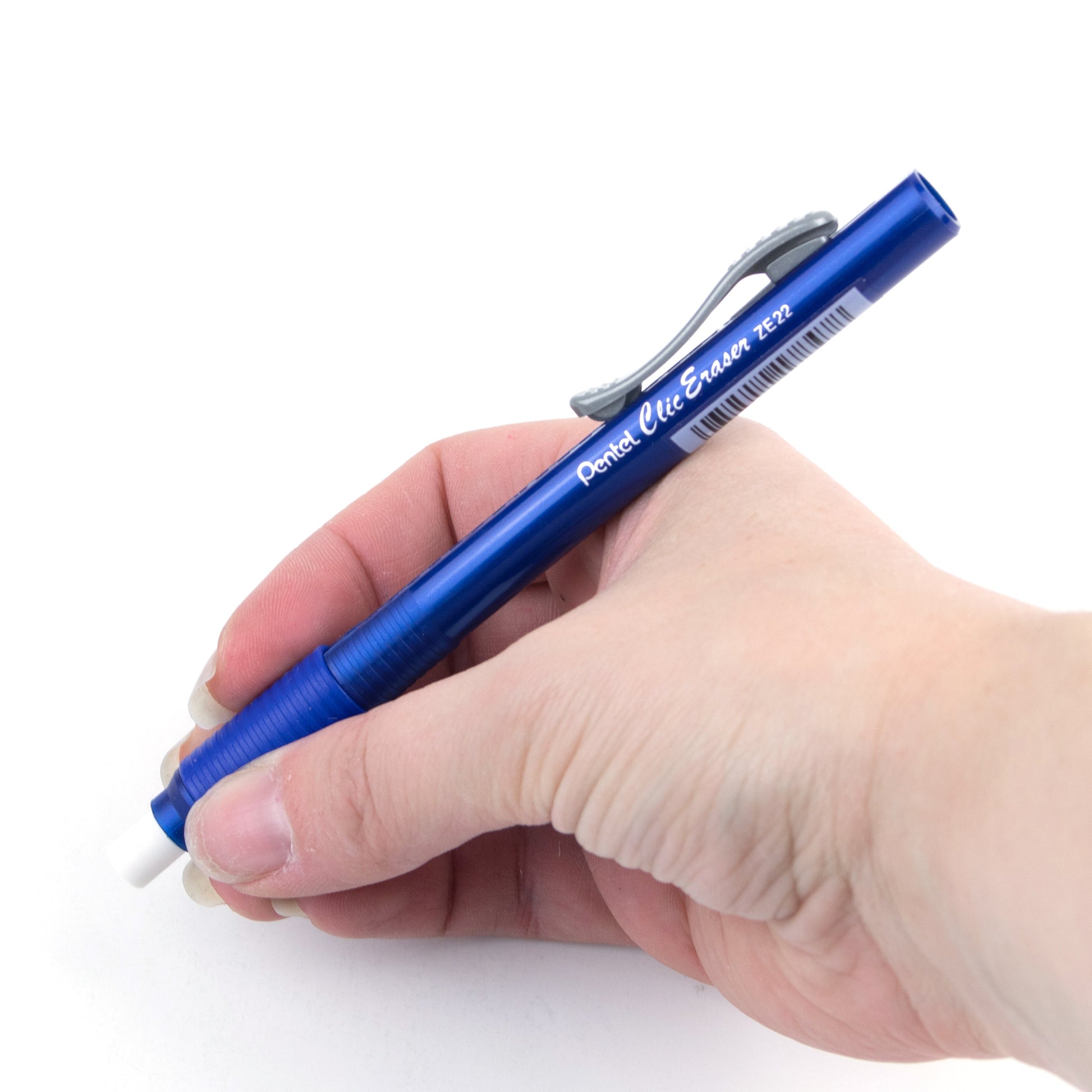 Clic Retractable Long Lasting Eraser Pen Shaped Blue Barrel with Pocket Clip