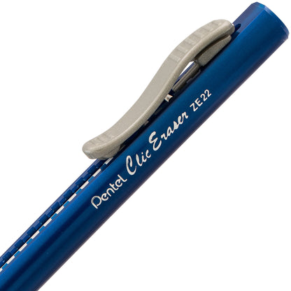 Clic Retractable Long Lasting Eraser Pen Shaped Blue Barrel with Pocket Clip