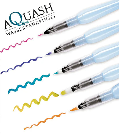 Set of Pentel Aquash waterbrushes with color samples on a white background
