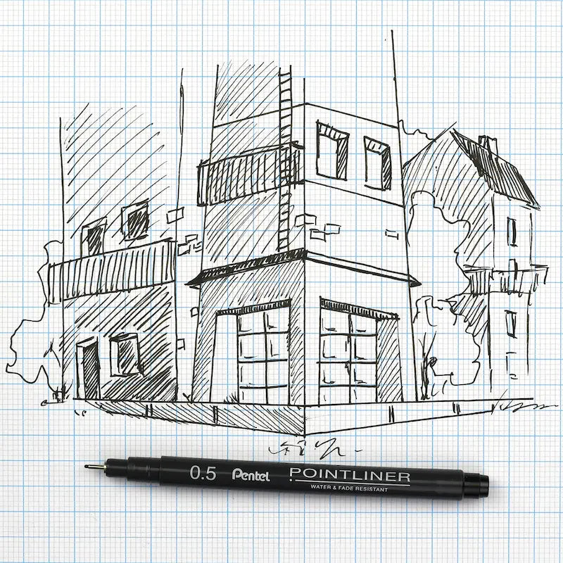 Sketch of a building on grid paper with a Pentel Pointliner pen below